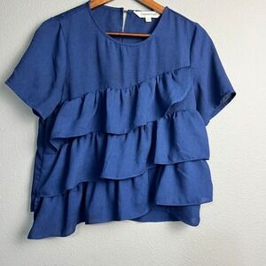 Davi & Dani Tiered Ruffle Boxy Blouse Short Sleeve Top Elegant Party Blue Size S